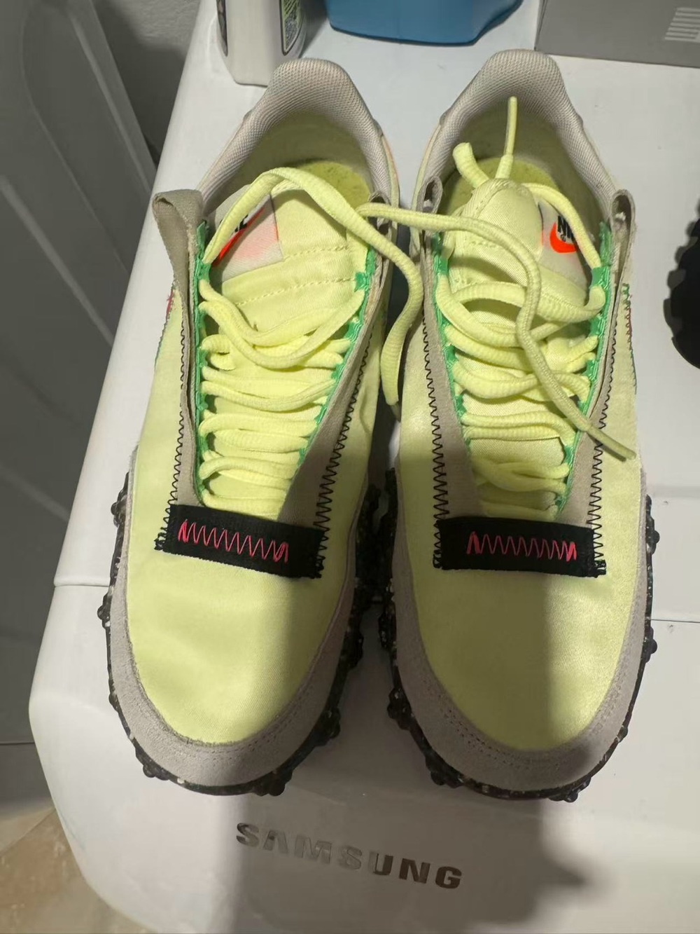 Nike Women's Neon Yellow and Beige Running Sneakers
